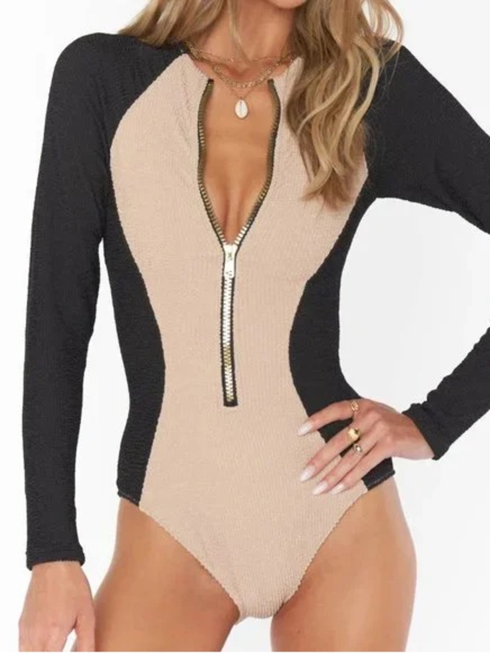 Show Me Your MuMu Surfside Black and Beige Long-Sleeve One-Piece Swimsuit
